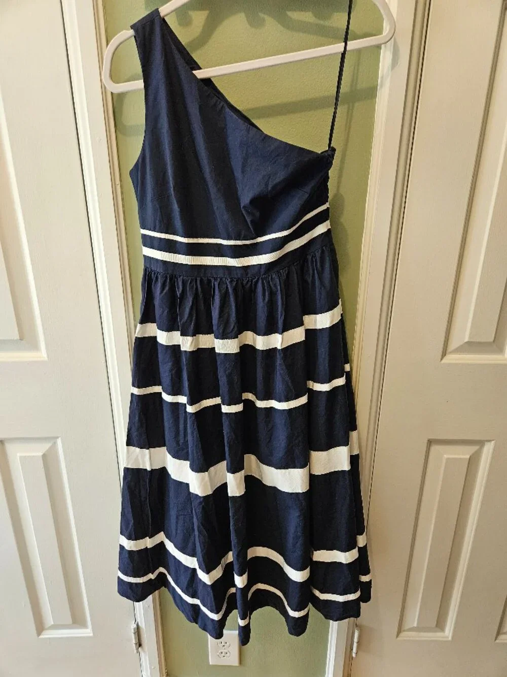 J. Crew One-Shouldered Maxi Dress Cotton Poplin Ribbon Stripes Navy Blue Size 4